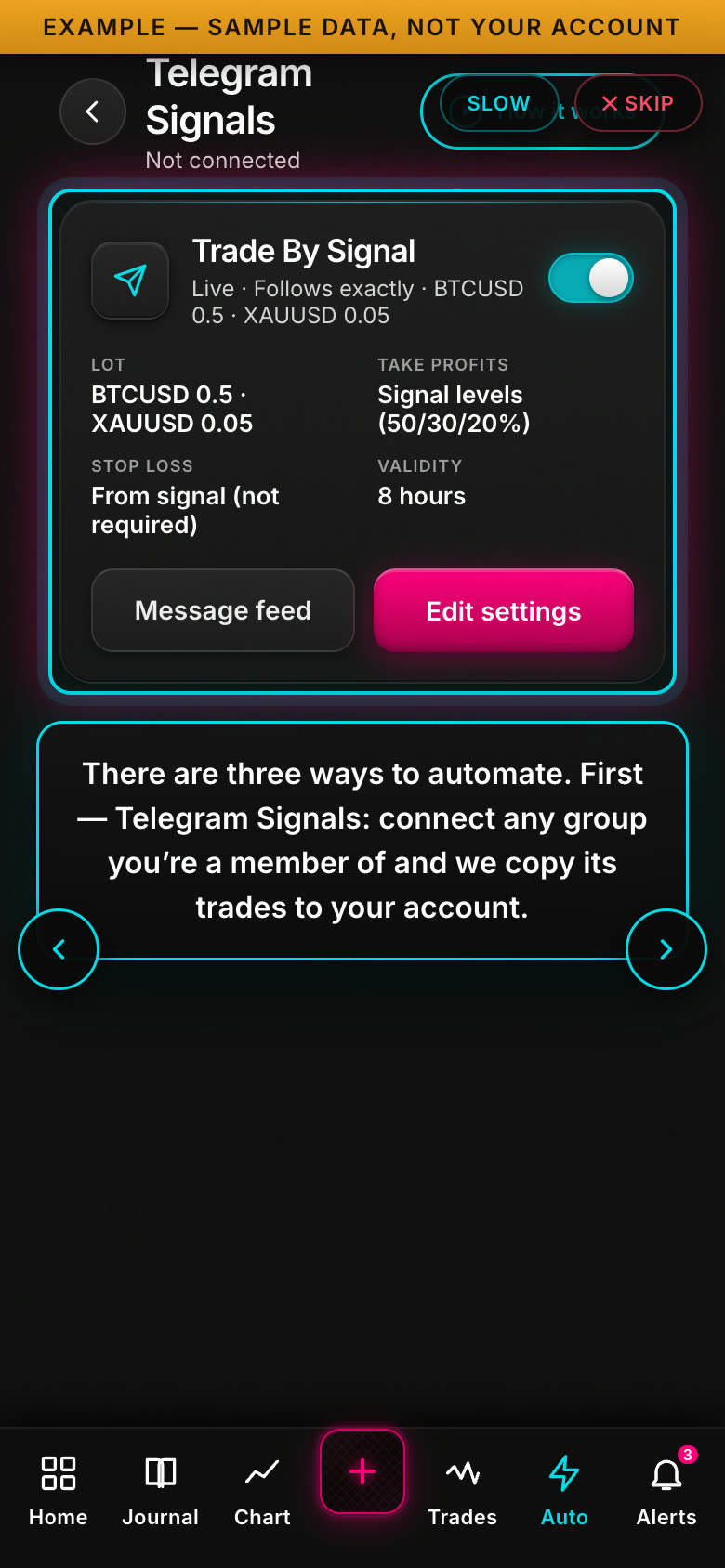 Trade By Focus Telegram Signals walkthrough — a connected group's settings, message feed and trade handling