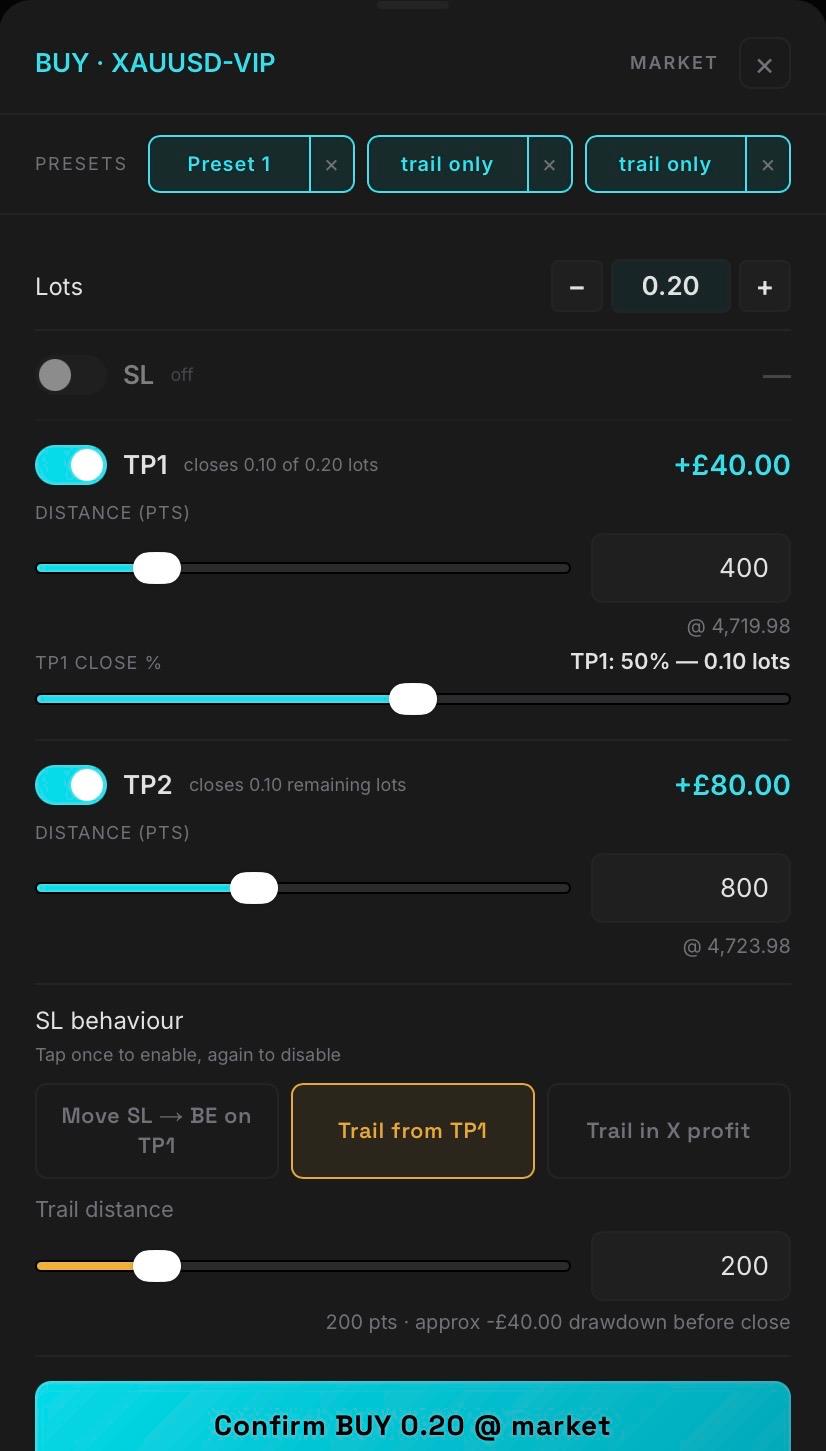 Trading Station trade entry modal with presets, TP1/TP2 sliders, and trailing SL behaviour